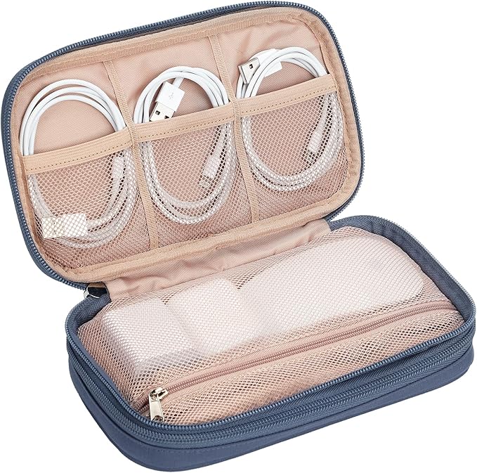 NISHEL Travel Cord Organizer Case, Double Layers Tech Electronic Bag, Essentials for Charger, Cable, Phone, Flash drive, Medium, Aegean-Blue