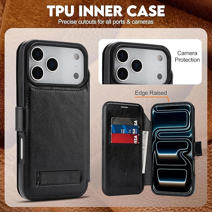 CIVICASE for iPhone 17 Pro Wallet Case with Stand,PU Leather Flip Credit Card Holder Slots (RFID Blocking),Compatible with Magsafe Magnetic Holder Phone Cover Women Men,Black
