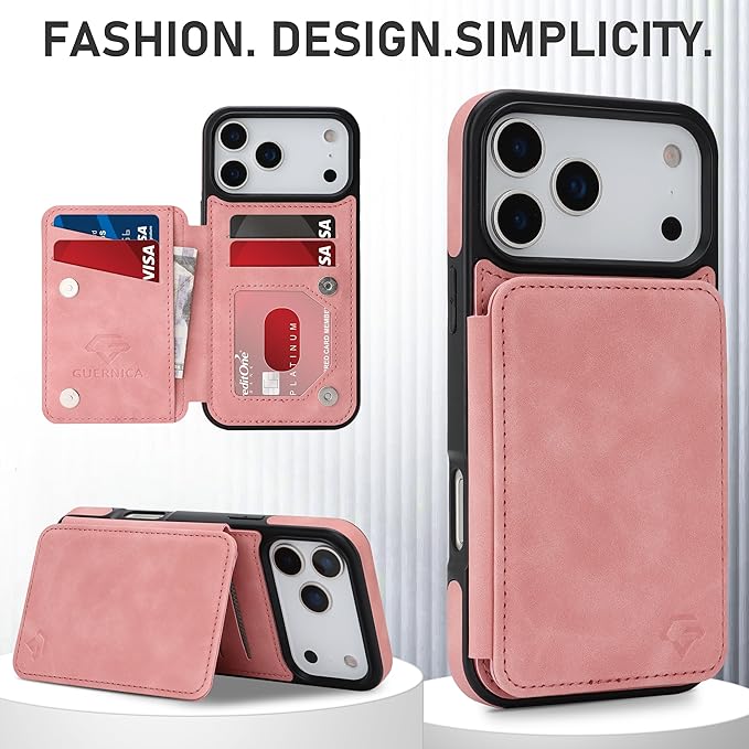 GUERNICA for iPhone 17 Pro (6.3") Case Wallet with Card Holder, RFID Blocking Leather Protection, Shockproof Women Men Phone Case for Apple 17 Pro, Pink