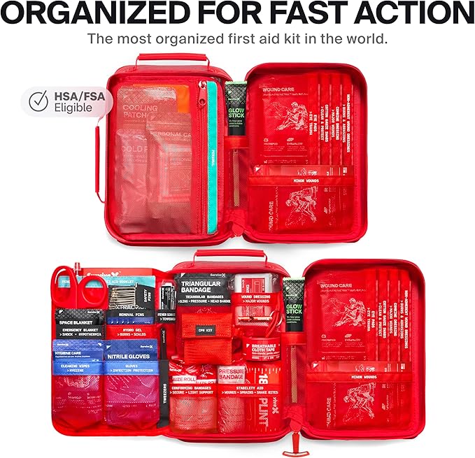 Large Waterproof First Aid Kit for Car, Travel & Home - Emergency Kit for Hiking, Camping, Backpacking and Outdoors - Includes Zip Stitch Wound Closure Strips