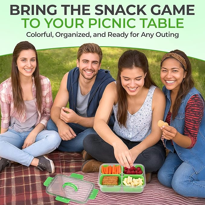 Snackle Box Container with Lid- Travel Charcuterie Box with Handle - Organizer for Candy, Fruit, Nuts, Veggies, Snacks, Beach Essentials, Portable Lunch Box (Green, Small)