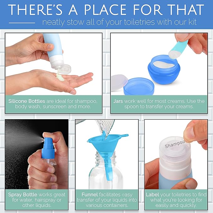Travel Size Toiletry Bottles, Kit of 16 - TSA Approved Toiletries Essentials for Flying - Silicone Containers, Squeeze Bottles and Accessories for Shampoo, Conditioner, Liquids, Perfume, Blue