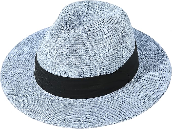 Lanzom Women Wide Brim Straw Panama Roll up Hat Fedora Beach Sun Hat UPF50+