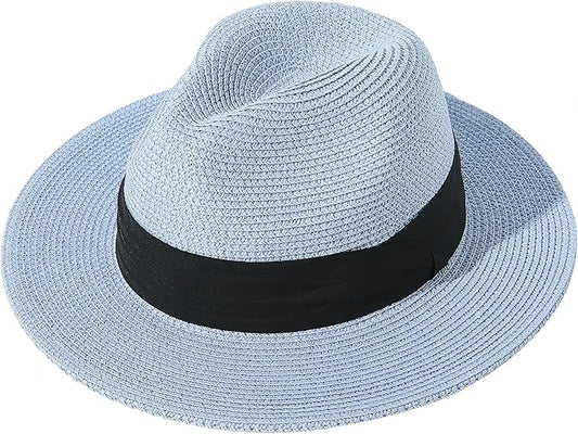 Lanzom Women Wide Brim Straw Panama Roll up Hat Fedora Beach Sun Hat UPF50+