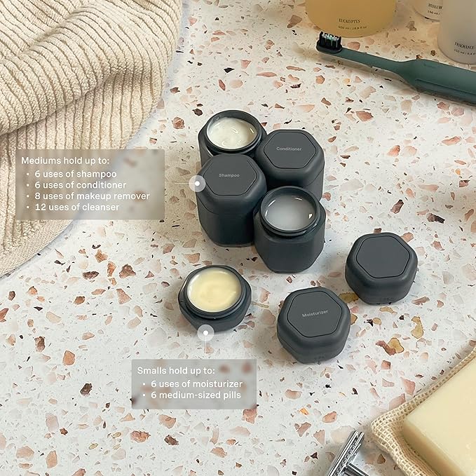 Cadence Travel Containers - Daily Routine Capsule Set - Magnetic Containers with Lids,4 Flex Mediums (1.32oz) & 3 Flex Smalls (0.56oz) - Shampoo, Conditioner, Body Wash, Pills, & More - Charcoal