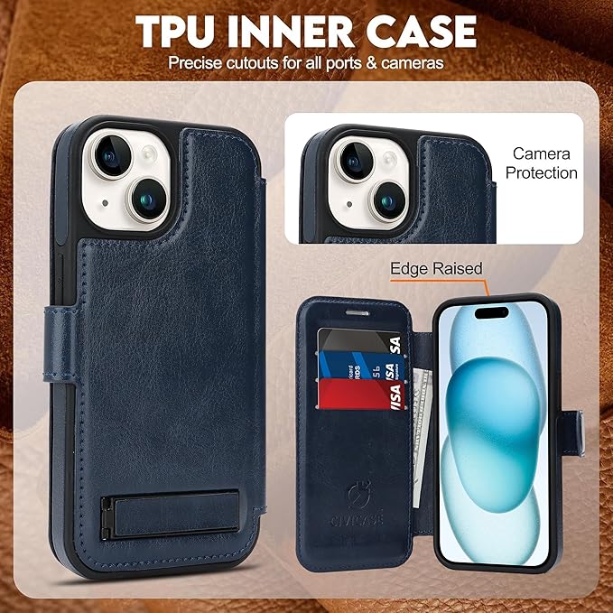 CIVICASE for iPhone 13/iPhone 14 Wallet Case with Stand,PU Leather Flip Credit Card Holder Slots (RFID Blocking),Compatible with Magsafe Magnetic Holder Phone Cover Women Men,Blue