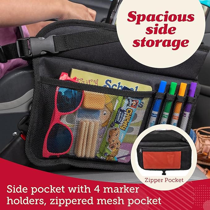 Lusso Gear Kids Travel Tray for Car Seat - Dinos, Oxford Cloth & Plastic - Dry-Erase Tablet Holder with Cup Holder & Storage - Road Trip Essentials & Plane Activity Tray