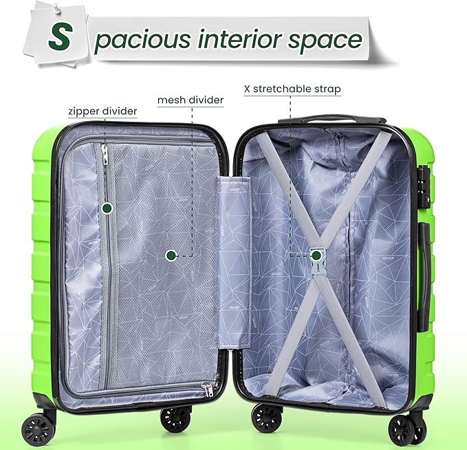 AnyZip Luggage Sets 4 Piece Hardshell Suitcase Set PC ABS Lightweight Travel Suitcases with 4 Double Spinner Wheels TSA Lock 20 24 28 32 Inch Apple Green