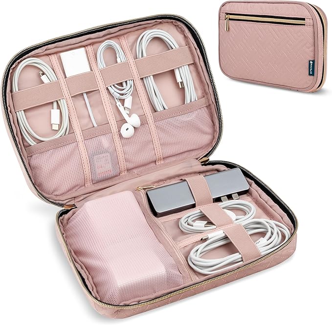Pavilia Tech Organizer Case - Cable & Charger Storage, Travel Accessories - Pink Quilt
