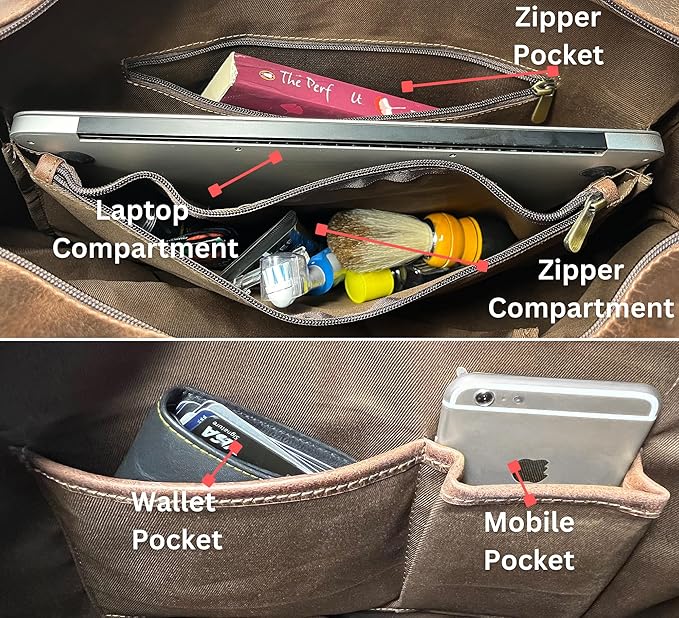 Leather Duffle Bag for Men - Travel Overnight Weekender Bag with 2 Shoe Compartment - Airplane Underseat Carry On Duffel Bag