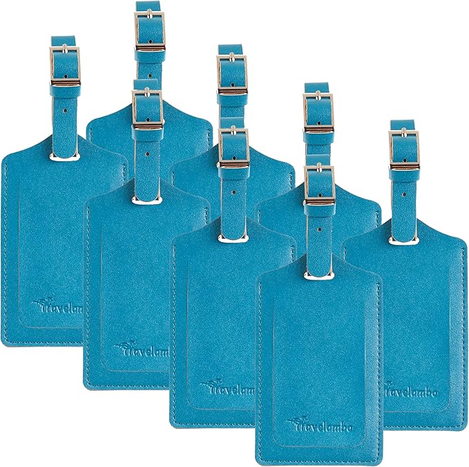 Travelambo 8 Pack Luggage Tags Faux Leather for Suitcases Travel Bag Labels Travel Accessories Essential with Protection Cover ID (Energetic Blue)