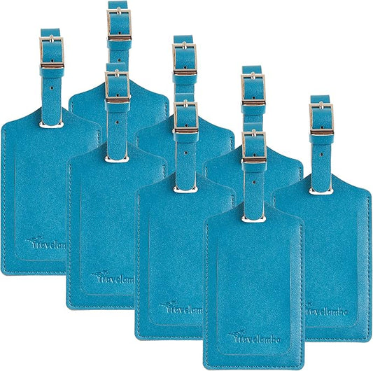 Travelambo 8 Pack Luggage Tags Faux Leather for Suitcases Travel Bag Labels Travel Accessories Essential with Protection Cover ID (Energetic Blue)