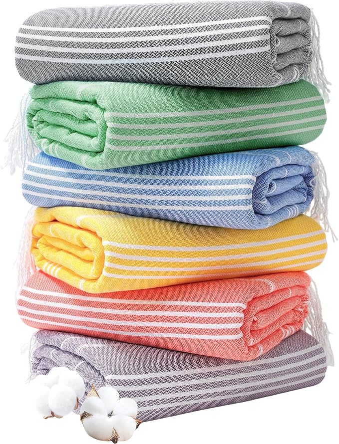 Genovega 6 Oversized Turkish Beach Bath Towel Set Bulk 74"x38" Sand Free Extra Large Quick Dry Swimming Camping Pool Clearance Towels Blanket Essentials Adult Multi Stripes Puper