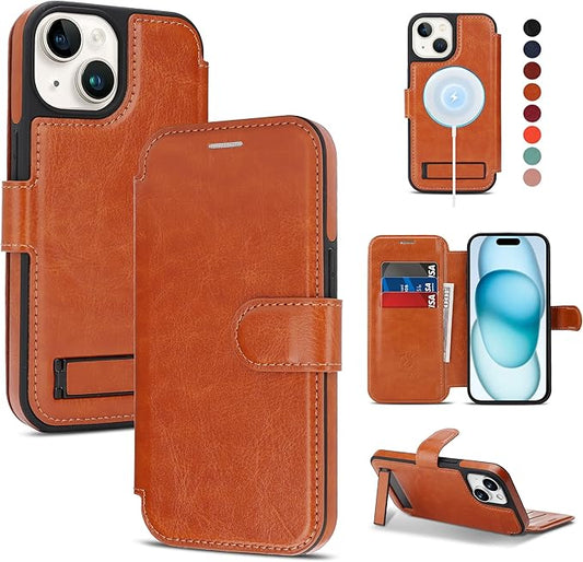 CIVICASE for iPhone 15 Wallet Case with Stand,PU Leather Flip Credit Card Holder Slots (RFID Blocking),Compatible with Magsafe Magnetic Holder Phone Cover Women Men, Brown
