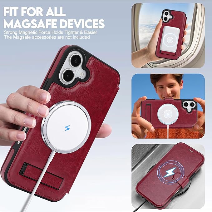 CIVICASE for iPhone 17 Wallet Case with Stand,PU Leather Flip Credit Card Holder Slots (RFID Blocking),Compatible with Magsafe Magnetic Holder Phone Cover Women Men,Wine Red