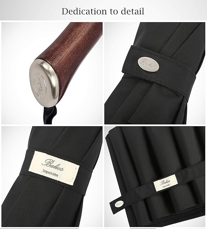 Balios (Designed in UK) Travel Umbrella Luxurious Golden Hardwood Handle Auto Open & Close Windproof Frame Single Canopy Automatic Folding Umbrella Men's & Ladies