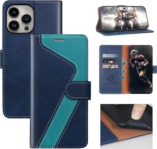 CIVICASE for iPhone 14 Pro Max Wallet Case,Leather Flip Case [RFID Blocking] Credit Card Holder Folio Magnetic Stand TPU Shockproof Cover Color Matching for iPhone 14 Pro Max (6.7") Blue Green