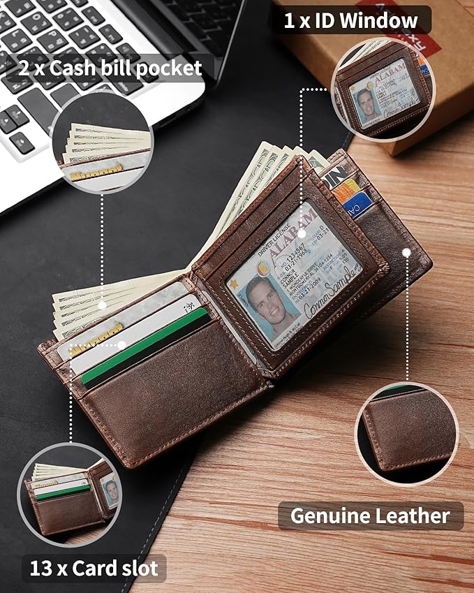 Artpaxy Mens Wallet Bifold Genuine Leather RFID Blocking Wallet for Men with 1 ID Window 13 Card Holders 2 cash pockets 1 Gift Box