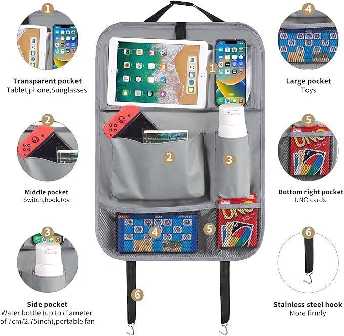 LUCMO Car Backseat Organizer with Tablet Holder,6 Storage Pockets Car Storage Organizer with Foldable Food Tray,Protectors Kick Mats Travel Accessories-Grey