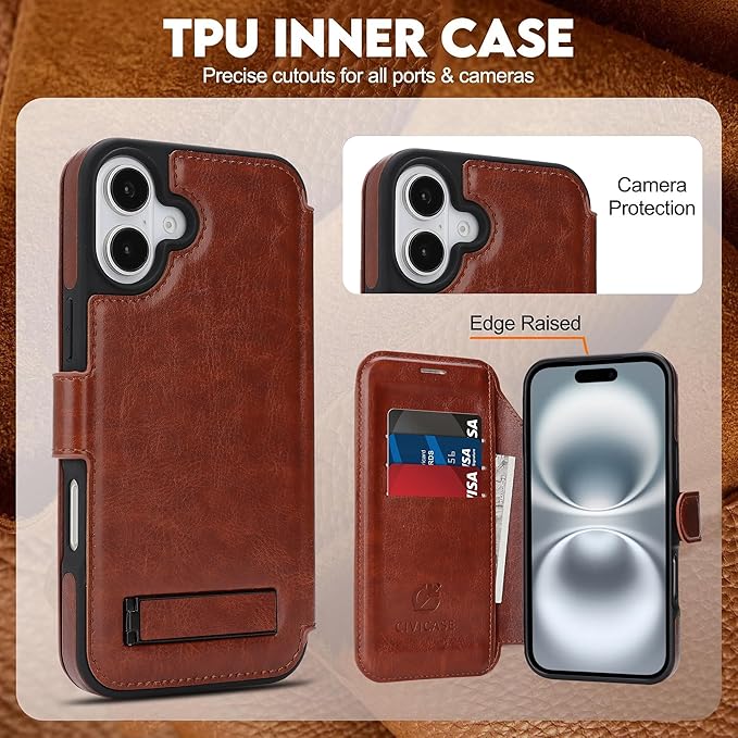 CIVICASE for iPhone 17 Wallet Case with Stand,PU Leather Flip Credit Card Holder Slots (RFID Blocking),Compatible with Magsafe Magnetic Holder Phone Cover Women Men,Dark Brown