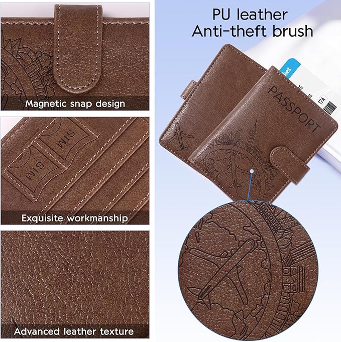 Passport Holder and Card Slot Combo RFID Blocking Leather Family Travel Passport Wallet Travel Accessories for Men Women US Passport Cover Protector (Travel pink)