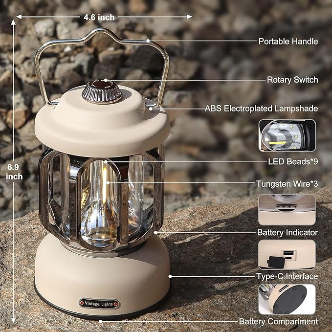 Rechargeable LED Camping Lanterns, Vintage Camping Lights Battery Operated, Portable Retro Metal Glamping Lights for Hiking, Hurricane, Decoration, Power outages, White, 1 Pack