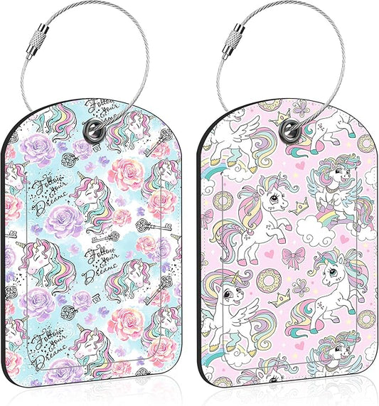 2 Pack PU Luggage Tags for Suitcase, Cute Unicorns Suitcase Tag Leather ID Label Bag Tags with Privacy Cover and Metal Loop for Men Women Travel Bag