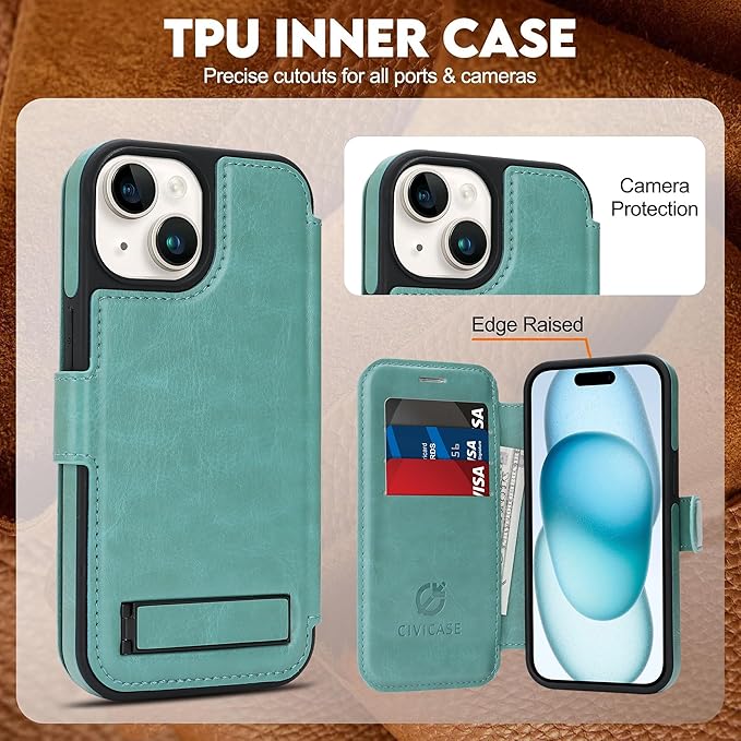 CIVICASE for iPhone 13/iPhone 14 Wallet Case with Stand,PU Leather Flip Credit Card Holder Slots (RFID Blocking),Compatible with Magsafe Magnetic Holder Phone Cover Women Men,Green