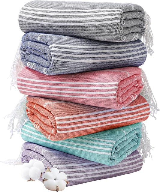 Genovega 6 Oversized Turkish Beach Bath Towel Set Bulk 74"x38" Sand Free Extra Large Quick Dry Swimming Camping Pool Clearance Towels Blanket Essentials Adult Multi Stripes Orange