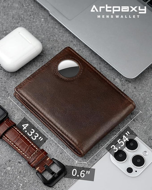 Mens Wallet With AirTag Holder, Bifold Leather RFID Blocking 1-2 ID Windows 12-13 Card Holders, Gift Box and Screen Protector Included, AirTag Not Included