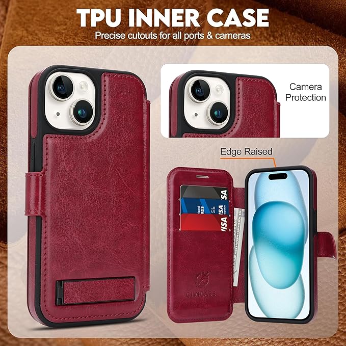 CIVICASE for iPhone 13/iPhone 14 Wallet Case with Stand,PU Leather Flip Credit Card Holder Slots (RFID Blocking),Compatible with Magsafe Magnetic Holder Phone Cover Women Men,Wine Red