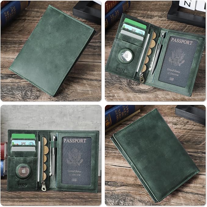 Top Grain Leather Single Travel Passport Wallet Holder for Man & Woman, Folio Design for Passport & Multi Cards, RFID Blocking Large Capacity for Passport/Cards/Checks/Bills/AirTag, Green