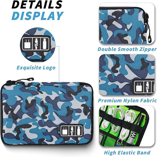 Electronics Organizer, Portable Cable Organizer Bags, Travel Electronic Accessories Storage Case for Cables, Cords, Charger, Phone (Camo Blue)