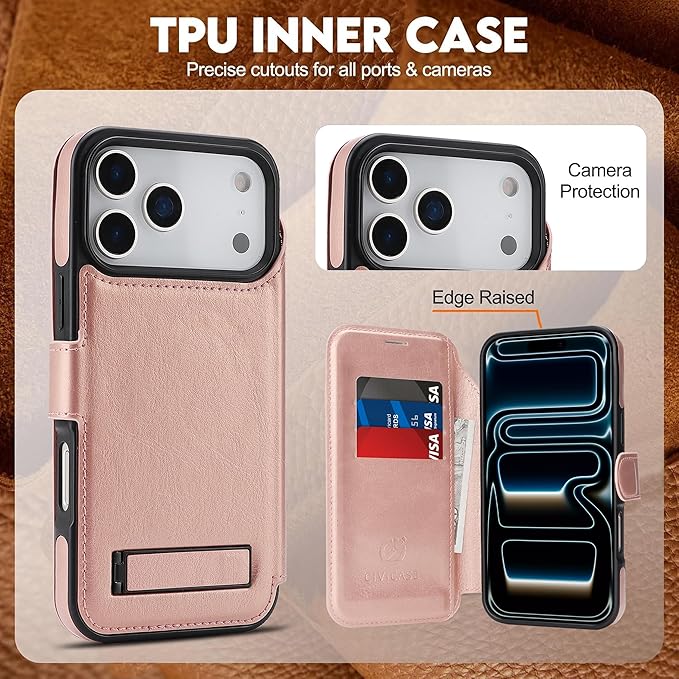 CIVICASE for iPhone 17 Pro Wallet Case with Stand,PU Leather Flip Credit Card Holder Slots (RFID Blocking),Compatible with Magsafe Magnetic Holder Phone Cover Women Men,Rose Gold