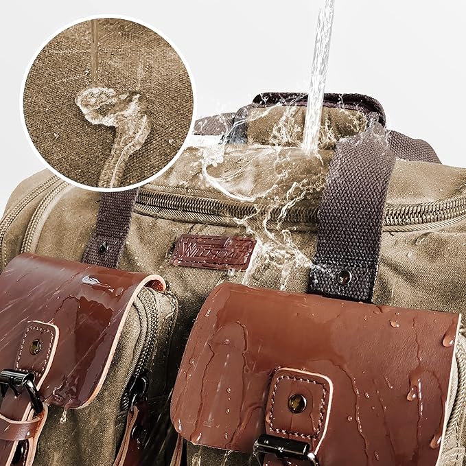 Wildroad Waxed Canvas Genuine Leather 50L Waterproof Duffle Bag - Vintage Travel Weekender Overnight Carry On