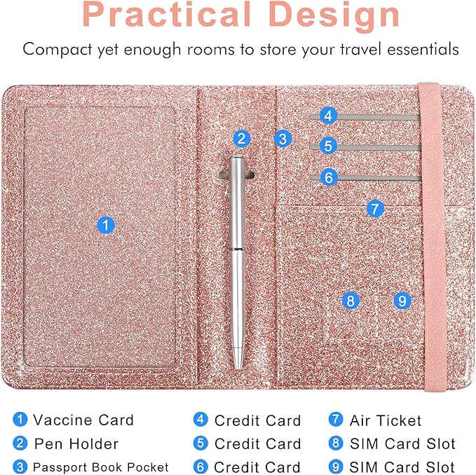 Caweet Passport Holder and Vaccine Card Holder Combo RFID Blocking Leather Vaccination Card Wallet with Elastic Band Closure, Glitter Rose Gold