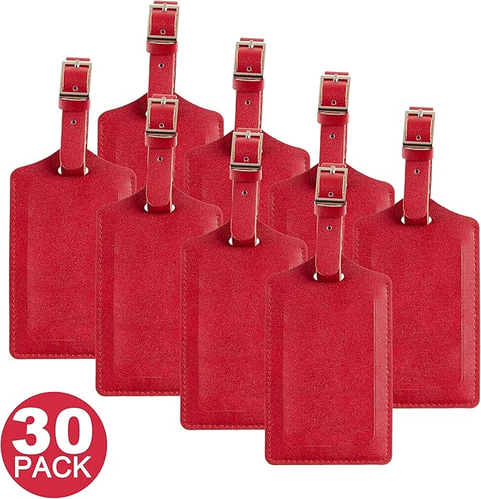 Travelambo 30 Pack Luggage Tags Faux Leather for Suitcases Travel Bag Labels with Protection Cover ID (Red Deep)