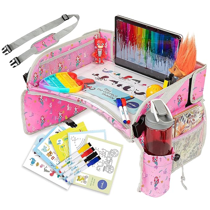 PILLANI Kids Travel Tray for Car - Car Seat Tray for Kids, Road Trip Essentials & Must Haves, Carseat Table Roadtrip Activities - Toddler Lap Desk Organizer for Airplane