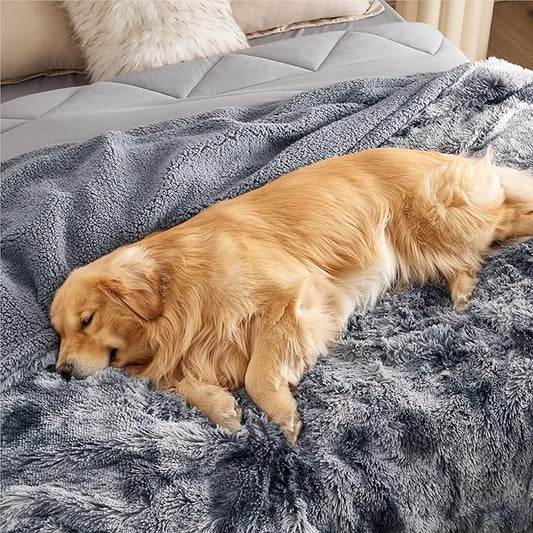 Bedsure Waterproof Dog Blankets for Large Dogs - Cat Blanket for Bed Couch Protector Washable Long Faux Fur, Calming Soft Reversible Throw Furniture Protection for Puppy Pet, 60"x80", Tie-dye Grey