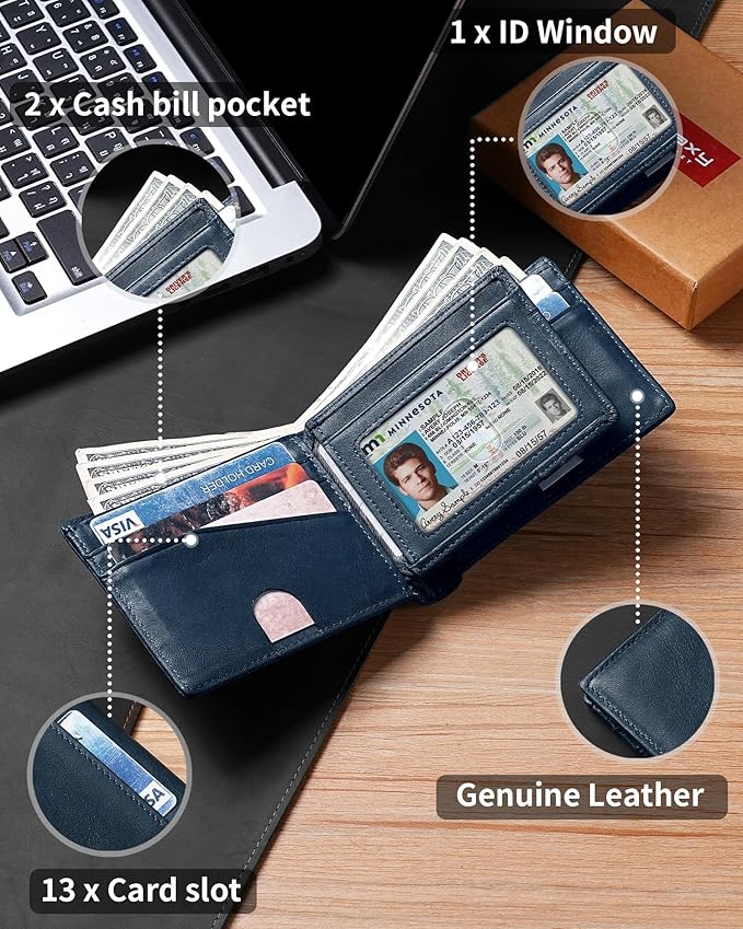 Artpaxy Mens Wallet Bifold Genuine Leather RFID Blocking Wallet for Men with 1 ID Windows 13 Card Holders 2 cash pockets 1 Gift Box