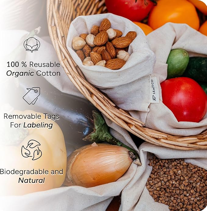 LEAFICO Muslin Cloth Bags with Drawstrings - Set of 8 (S, M, L, XL) - Reusable Natural Cotton Bags for Bulk Food Storage - Canvas Fabric Sachets