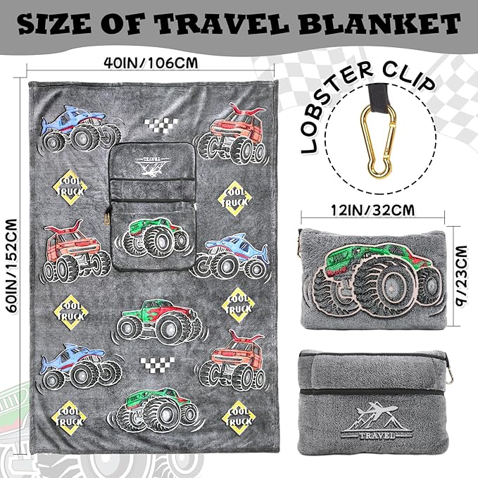 HWING Truck Travel Blanket Pillow - Glow in The Dark Kids Travel Blanket Airplane Compact with Bag - Boys Trucks Toys Gifts, Airplane Blanket for Long Flights, Outdoor, Car, Camping 40"*60"