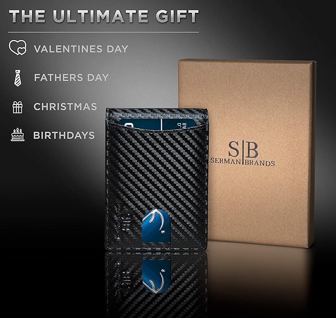 SERMAN BRANDS RFID Blocking Slim Bifold Genuine Leather Minimalist Front Pocket Wallets for Men with Money Clip Thin Gift