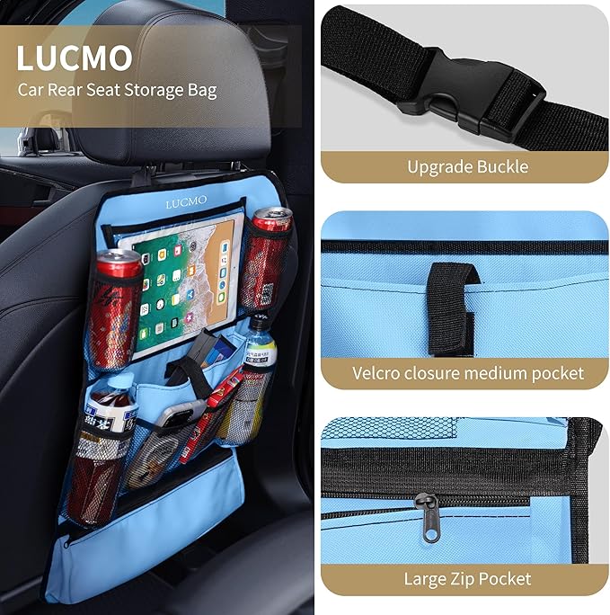LUCMO Car Backseat Organizer with Touch Screen Tablet Holder-2 Pcs,9 Storage Pockets Car Storage Organizer Protectors Kick Mats Travel Accessories for Kids-Light Blue