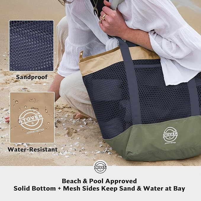 STOVER Large Mesh Beach Bag, Vacation, Pool, Shopping, & Travel Tote - Foldable w/Storage Pockets for Women, Men & Families
