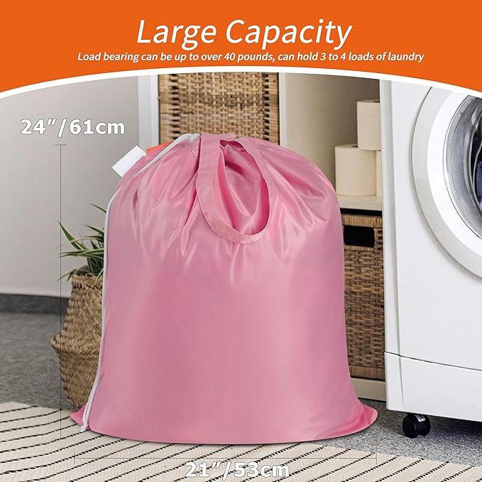 Polecasa Small Heavy Duty Laundry Bag with 130gsm Tear Resistant Fabric and Handles, Easy to Carry Durable Dirty Clothes Drawstring Bag, Perfect for College Dorm, Travel 21”x24”, Pink
