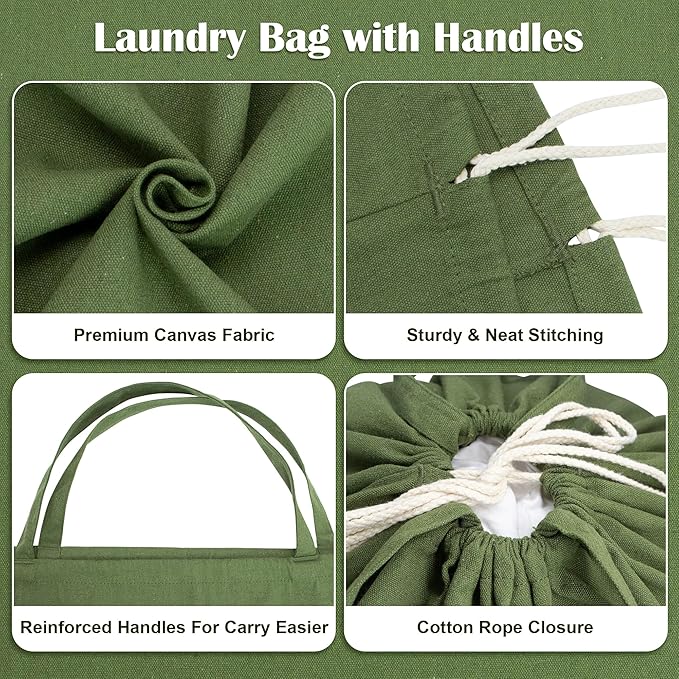 Canvas Laundry Bags 18x18in with Handles & Square Base, Extra Large Heavy Duty Laundry Basket Hamper Liner, Washable Drawstring Dirty Clothes Bag Canvas Storage Sack (Army Green XL)
