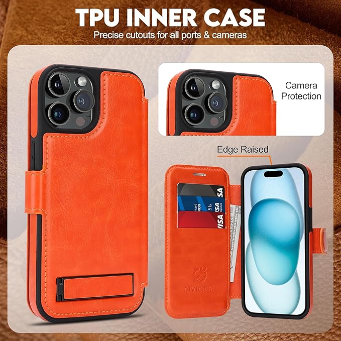 CIVICASE for iPhone 14 Pro Wallet Case with Stand,PU Leather Flip Credit Card Holder Slots (RFID Blocking),Compatible with Magsafe Magnetic Holder Phone Cover Women Men,Orange