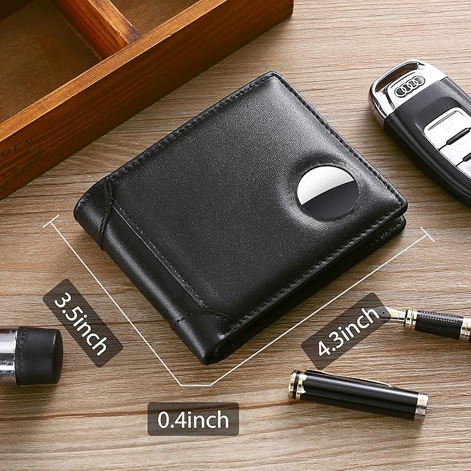 Swallowmall AirTag Wallet Mens RFID Blocking Genuine Leather Bifold Men's Wallet For air tag with 2 ID Window 10 Card Holders Removable Card Slot Black(Airtag Not included)