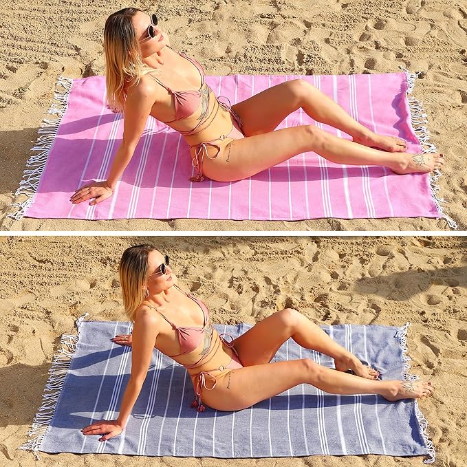 2 Pack Pink+Dark Blue Striped Turkish Weave Cotton Beach Towels, Super Absorbent & Quick Dry, Sand Free & Soft, Oversized 39 x 72 Inches, Adults Travel Towels